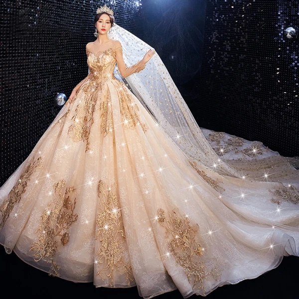 gold champagne wedding dress Zapaka Women Mermaid Wedding Dress Champagne Off the Shoulder Long Sleeves Lace Appliqued Court Train Bridal Dress, Champagne / US22W