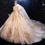 Luxury / Gorgeous Champagne Wedding Dresses 2020 Ball Gown Scoop Neck Beading Crystal Sequins Lace Flower Long Sleeve Backless Royal Train