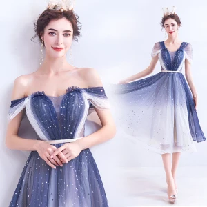 Mode Océan Bleu Ivoire Dégradé De Couleur Robe De Cocktail 2020 Princesse De L 039 Épaule Manches Courtes Dos Nu Mi Longues Robe De Ceremonie