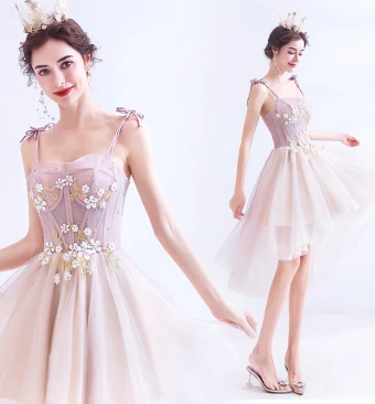 Snygga Fina Rodnande Rosa Festklänningar 2020 Prinsessa Spaghettiband Beading Rhinestone Appliqués Ärmlös Halterneck Asymmetrisk Formella Klänningar