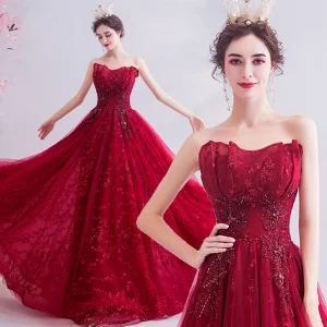 Mooie Prachtige Rode Avondjurken 2020 A Lijn Strapless Kralen Pailletten Kant Rhinestone Mouwloos Ruglooze Lange Gelegenheid Jurken