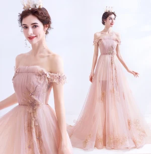 Classy Blushing Pink Evening Dresses 2020 A Line Princess Ruffle Off The Shoulder Beading Rhinestone Sequins Sleeveless Backless Sweep Train Formal Dresses