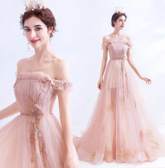 Chic Rougissant Rose Robe De Soirée 2020 Princesse Volants De L 039 Épaule Perlage Faux Diamant Paillettes Sans Manches Dos Nu Train De Balayage Robe De Ceremonie