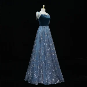 Scintillantes Bleu D Encre Robe De Soirée 2020 Princesse Bretelles Spaghetti Paillettes Sans Manches Dos Nu Longue Robe De Ceremonie