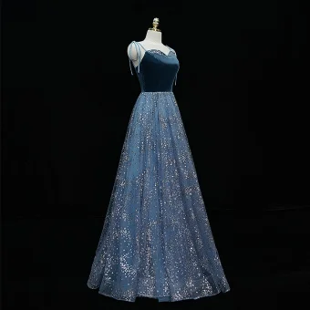Sparkly Ink Blue Evening Dresses 2020 A Line Princess Spaghetti Straps Sequins Sleeveless Backless Floor Length Long Formal Dresses