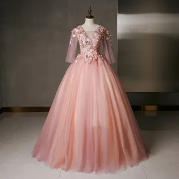 Flower Fairy Pearl Pink Prom Dresses 2020 Ball Gown V Neck Pearl Sequins Lace Flower Appliques 3 4 Sleeve Backless Floor Length Long Formal Dresses