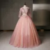 Flower Fairy Pearl Pink Prom Dresses 2020 Ball Gown V-Neck Pearl Sequins Lace Flower Appliques 3/4 Sleeve Backless Floor-Length / Long Formal Dresses