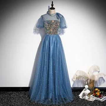 Fabuleux Océan Bleu Perlage Paillettes Robe De Bal 2021 Princesse Col Haut Manches Courtes Dos Nu Perle Longue Robe De Ceremonie