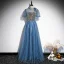 Fabuleux Océan Bleu Perlage Paillettes Robe De Bal 2021 Princesse Col Haut Manches Courtes Dos Nu Perle Longue Robe De Ceremonie