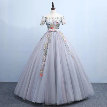 Chic Beautiful Grey Quinceañera Prom Dresses 2018 Ball Gown Embroidered Bow Off The Shoulder Backless Short Sleeve Floor Length Long Formal Dresses