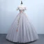 Chic / Beautiful Grey Quinceañera Prom Dresses 2018 Ball Gown Embroidered Bow Off-The-Shoulder Backless Short Sleeve Floor-Length / Long Formal Dresses