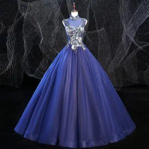 Vintage Koninklijk Blauw Galajurken 2020 Baljurk Hoge Kraag Kralen Rhinestone Kant Bloem Mouwloos Ruglooze Lange Gelegenheid Jurken