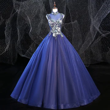 Vintage Originale Bleu Roi Robe De Bal 2020 Robe Boule Col Haut Perlage Faux Diamant En Dentelle Fleur Sans Manches Dos Nu Longue Robe De Ceremonie