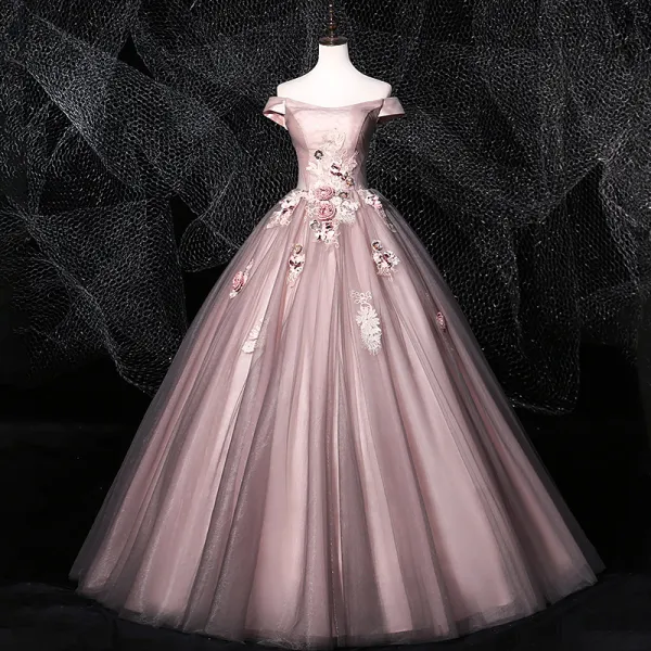 Flower Fairy Blushing Pink Grey Prom Dresses 2020 Ball Gown Off-The-Shoulder Beading Appliques Lace Flower Sleeveless Backless Floor-Length / Long Formal Dresses