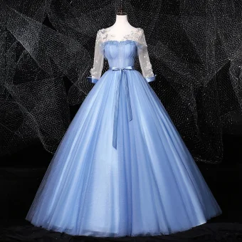 Élégant Bleu Ciel Robe De Bal 2020 Robe Boule Encolure Dégagée Noeud Perle Appliques 3 4 Manches Dos Nu Longue Robe De Ceremonie