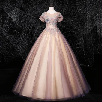 Vintage Originale Rougissant Rose Quinceañera Robe De Bal 2020 Robe Boule Encolure Dégagée Perle Paillettes Faux Diamant En Dentelle Fleur Manches Courtes Dos Nu Longue Robe De Ceremonie