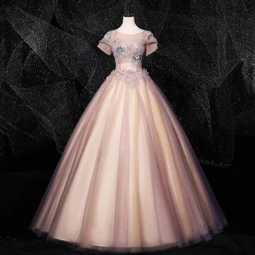 Vintage Retro Blushing Pink Quinceañera Prom Dresses 2020 Ball Gown Scoop Neck Pearl Sequins Rhinestone Lace Flower Short Sleeve Backless Floor Length Long Formal Dresses