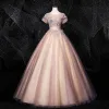 Vintage / Retro Blushing Pink Quinceañera Prom Dresses 2020 Ball Gown Scoop Neck Pearl Sequins Rhinestone Lace Flower Short Sleeve Backless Floor-Length / Long Formal Dresses