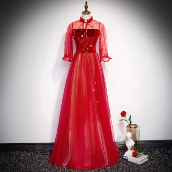 Elegant Red Evening Dresses 2020 A Line Princess High Neck Star Sequins Bow 3 4 Sleeve Backless Floor Length Long Formal Dresses