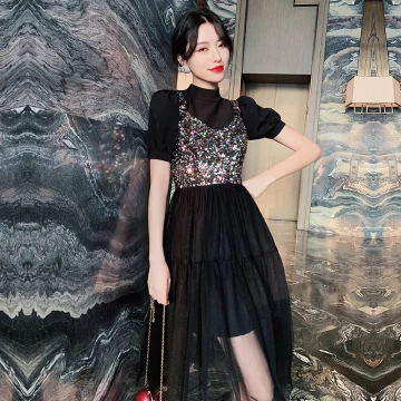Mode Noire Robe De Fete 2020 Princesse Col Haut Paillettes Manches Courtes Thé Longueur Robe De Ceremonie