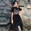 Fashion Black Party Dresses 2020 A-Line / Princess High Neck Sequins Short Sleeve Tea-length Formal Dresses