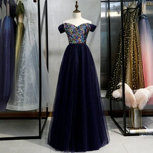 Chic Belle Bleu Marine Robe De Soirée 2020 Princesse De L 039 Épaule Multi Couleurs Paillettes Longue Manches Courtes Dos Nu Robe De Ceremonie