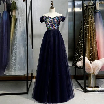 Chic Beautiful Navy Blue Evening Dresses 2020 A Line Princess Off The Shoulder Multi Colors Sequins Floor Length Long Short Sleeve Backless Formal Dresses