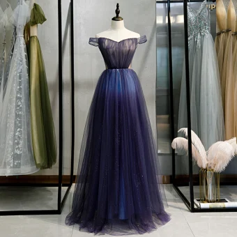 Chic Beautiful Navy Blue Gradient Color Evening Dresses 2020 A Line Princess Off The Shoulder Short Sleeve Backless Floor Length Long Formal Dresses