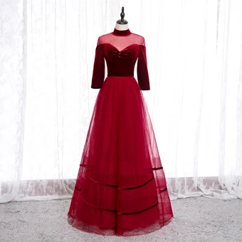 Elegant Red Evening Dresses 2020 A Line Princess High Neck Suede 3 4 Sleeve Backless Floor Length Long Formal Dresses