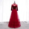 Élégant Rouge Robe De Soirée 2020 Princesse Col Haut Daim 3/4 Manches Dos Nu Longue Robe De Ceremonie