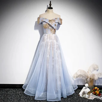 Elegant Sky Blue Glitter Sequins Prom Dresses 2021 A Line Princess Off The Shoulder Short Sleeve Backless Floor Length Long Formal Dresses