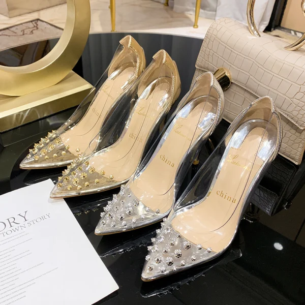 Sexy Transparent Silver Evening Party Rivet Pumps 2021 10 cm Stiletto Heels Pointed Toe Pumps High Heels