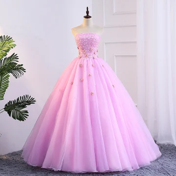 Chic Beautiful Candy Pink Prom Dresses 2018 Ball Gown Appliques Pearl Strapless Backless Sleeveless Floor Length Long Formal Dresses