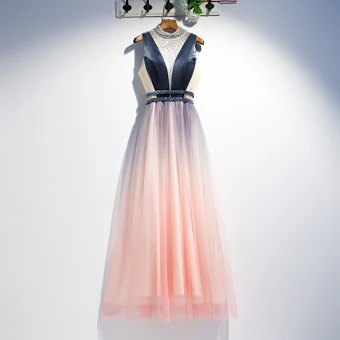 Chic Belle Bleu Marine Rougissant Rose Robe De Soirée 2020 Princesse Encolure Dégagée Perlage Cristal Sans Manches Dos Nu Longue Robe De Ceremonie