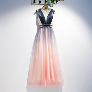 Chic Beautiful Navy Blue Blushing Pink Evening Dresses 2020 A Line Princess Scoop Neck Beading Crystal Sleeveless Backless Floor Length Long Formal Dresses