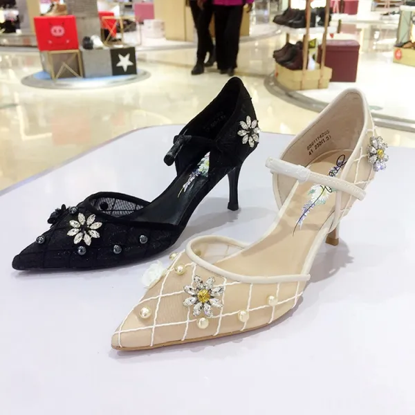 Chic / Beautiful Beige Casual Womens Shoes 2020 Leather Lace Pearl Rhinestone Buckle 5 cm Stiletto Heels Pointed Toe High Heels