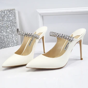 Modest Simple Ivory Casual Womens Sandals 2020 Leather Rhinestone Buckle 10 Cm Stiletto Heels Pointed Toe Sandals