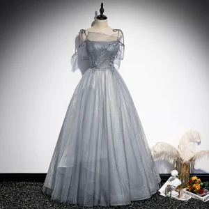 Élégant Gris Faux Diamant Robe De Bal 2021 Princesse Bretelles Spaghetti Sans Manches Dos Nu Longue Robe De Ceremonie
