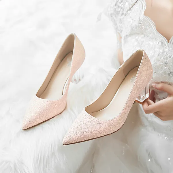 Sparkly Candy Pink Glitter Wedding Shoes 2020 Sequins 7 cm Thick Heels Pointed Toe Wedding Pumps