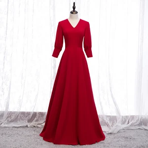 Simple Couleur Unie Rouge Robe De Soirée 2020 Princesse V Cou 3 4 Manches Longue Robe De Ceremonie