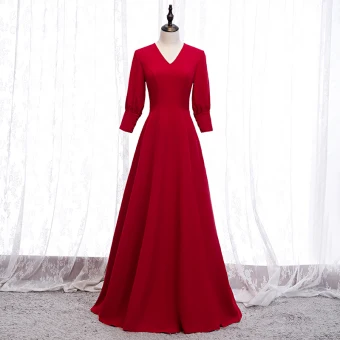 Modest Simple Solid Color Red Evening Dresses 2020 A Line Princess V Neck 3 4 Sleeve Floor Length Long Formal Dresses
