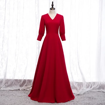 Simple Couleur Unie Rouge Robe De Soirée 2020 Princesse V Cou 3 4 Manches Longue Robe De Ceremonie