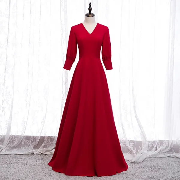 Modest / Simple Solid Color Red Evening Dresses  2020 A-Line / Princess V-Neck 3/4 Sleeve Floor-Length / Long Formal Dresses