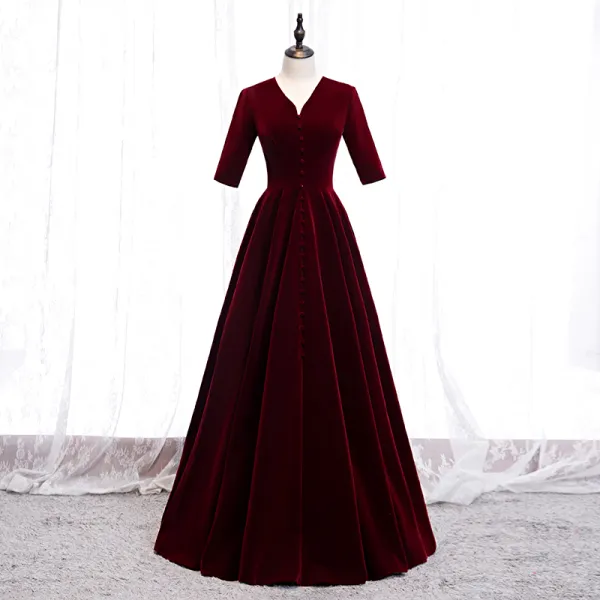 Modest / Simple Burgundy Evening Dresses  2020 A-Line / Princess V-Neck Suede 1/2 Sleeves Floor-Length / Long Formal Dresses