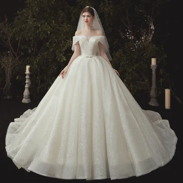 Haut De Gamme Ivoire Glitter Robe De Mariée 2020 Robe Boule De L 039 Épaule Paillettes Manches Courtes Dos Nu Cathedral Train