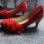 Chic / Beautiful Red Low Heel Wedding Shoes 2020 Lace Flower Appliques Pearl 4 cm Stiletto Heels Pointed Toe Wedding Pumps