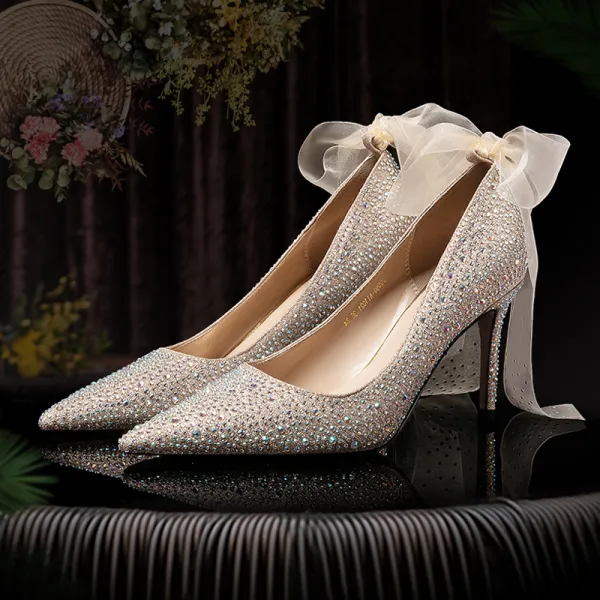 Charmant Or Rose Chaussure De Mariée 2020 Cuir Noeud Faux Diamant 8 cm Talons Aiguilles À Bout Pointu Mariage Escarpins