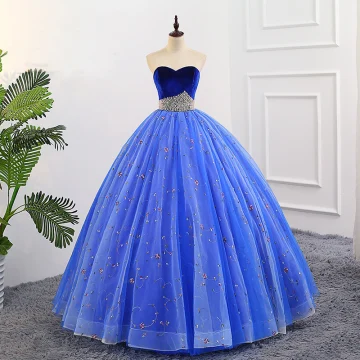 Elegant Royal Blue Quinceañera Prom Dresses 2018 Ball Gown Embroidered Pearl Suede Sweetheart Backless Sleeveless Floor Length Long Formal Dresses