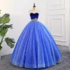 Elegant Royal Blue Quinceañera Prom Dresses 2018 Ball Gown Embroidered Pearl Suede Sweetheart Backless Sleeveless Floor-Length / Long Formal Dresses