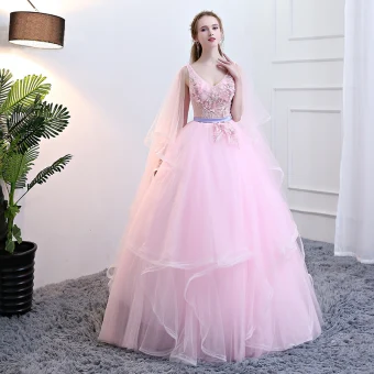 Chic Belle Rose Bonbon Quinceañera Robe De Bal 2018 Robe Boule Appliques Perle Ceinture Volants En Cascade V Cou Sans Manches Dos Nu Longue Robe De Ceremonie
